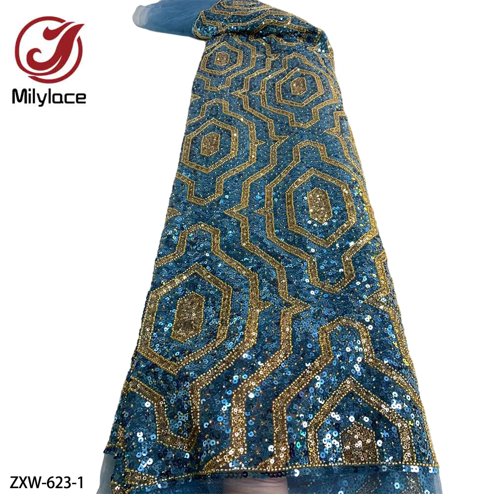 

French Tulle Lace with Sequins Fabric High Quality African Fabric Lace Petty Embroidered Fabric for Wedding Dress ZXW-623