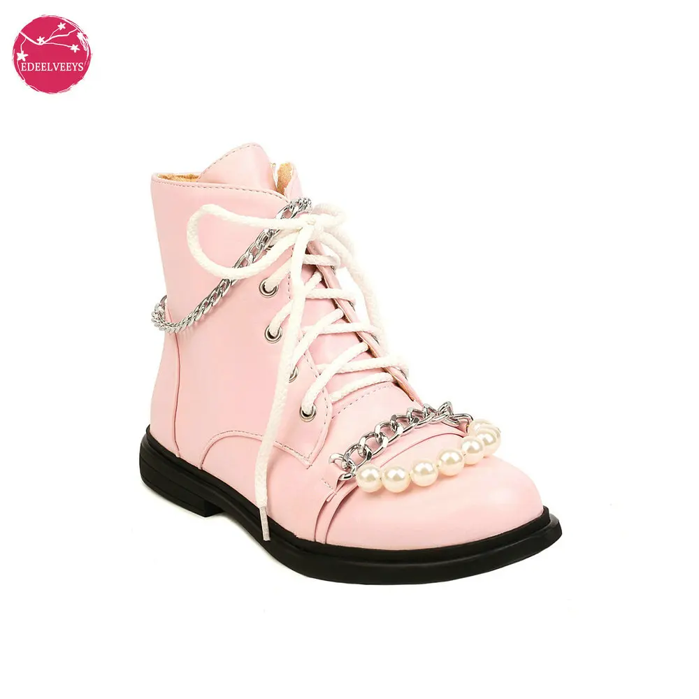 

Autumn Winter Marten Boots Punk Mix Match Chain String Beaded Low Heels Side Zipper Lace Up Women's Shoes Casual Top PU Leather