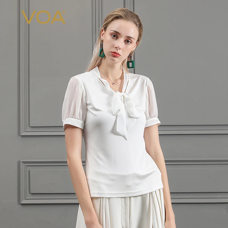

(Распродажа) VOA шелковая трикотажная футболка белые офисные женские Топы с бантом из ленты летние базовые тонкие футболки с коротким рукавом B751