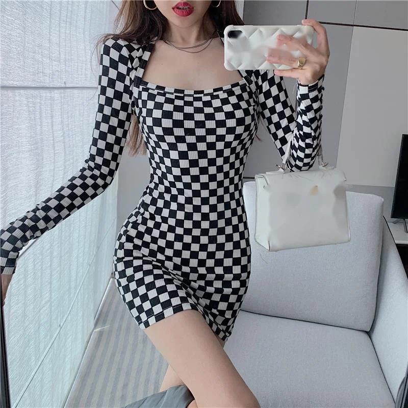 

Autumn Women WOMENGAGA Skinny Hip Design High Waist Thin Long Sleeve Plaid Mini Dress Chessboard Plaid Korean Fashion Top K8GD