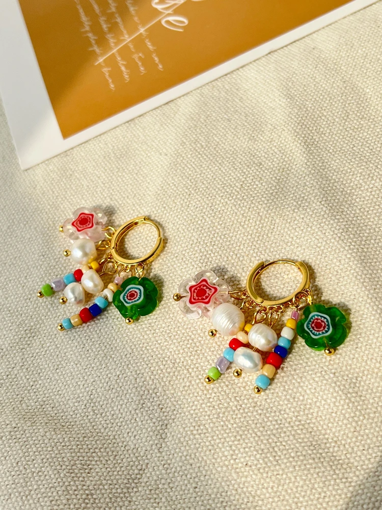 

Glass Flower Earrings Candy-Colored Beaded Natural Pearl Tassel Earrings Women