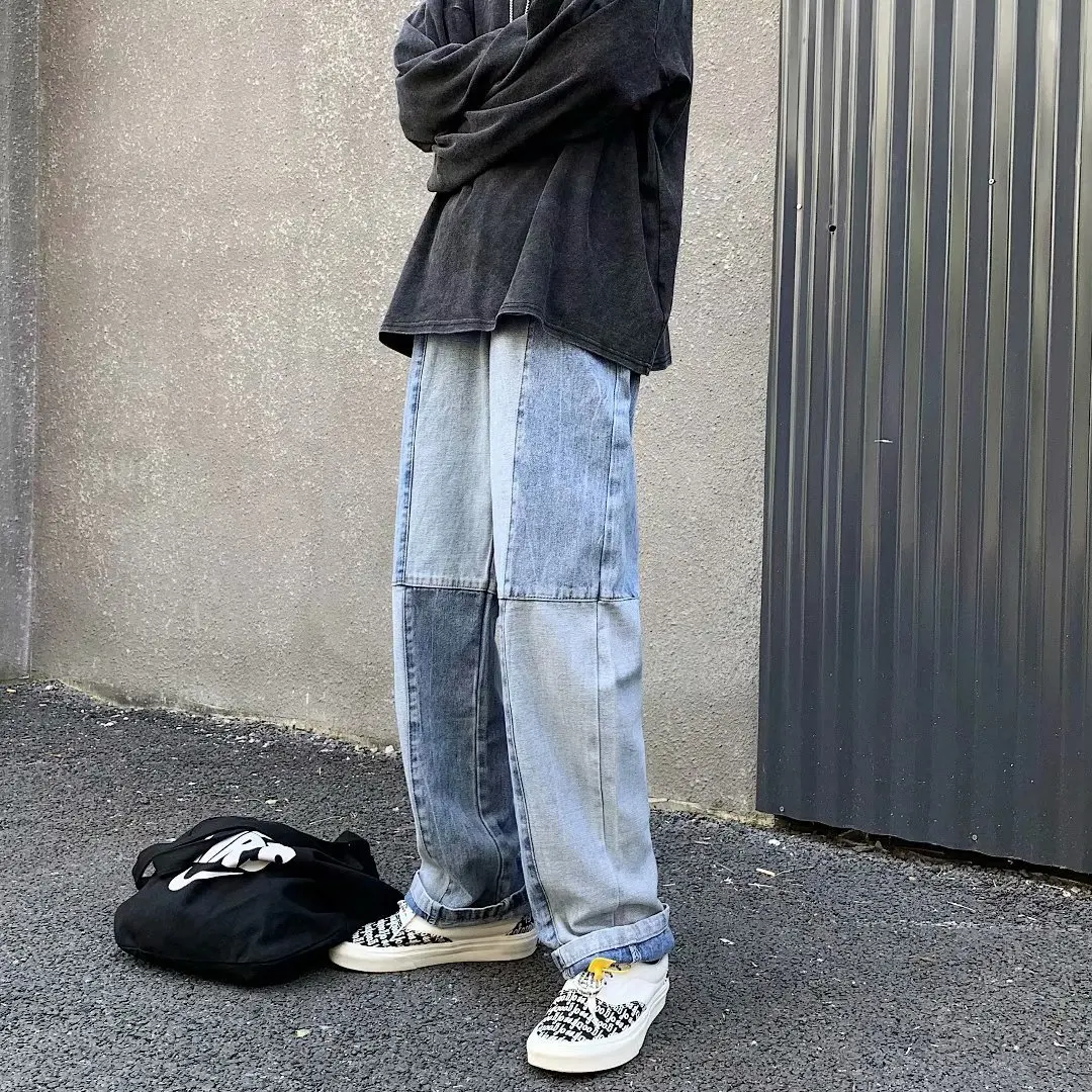 New Men's Jeans Loose Wide-Leg Men's Jeans Hip-Hop Stitching Overalls Blue Youth Denim Casual Sports Straight-Leg Pants джинсы