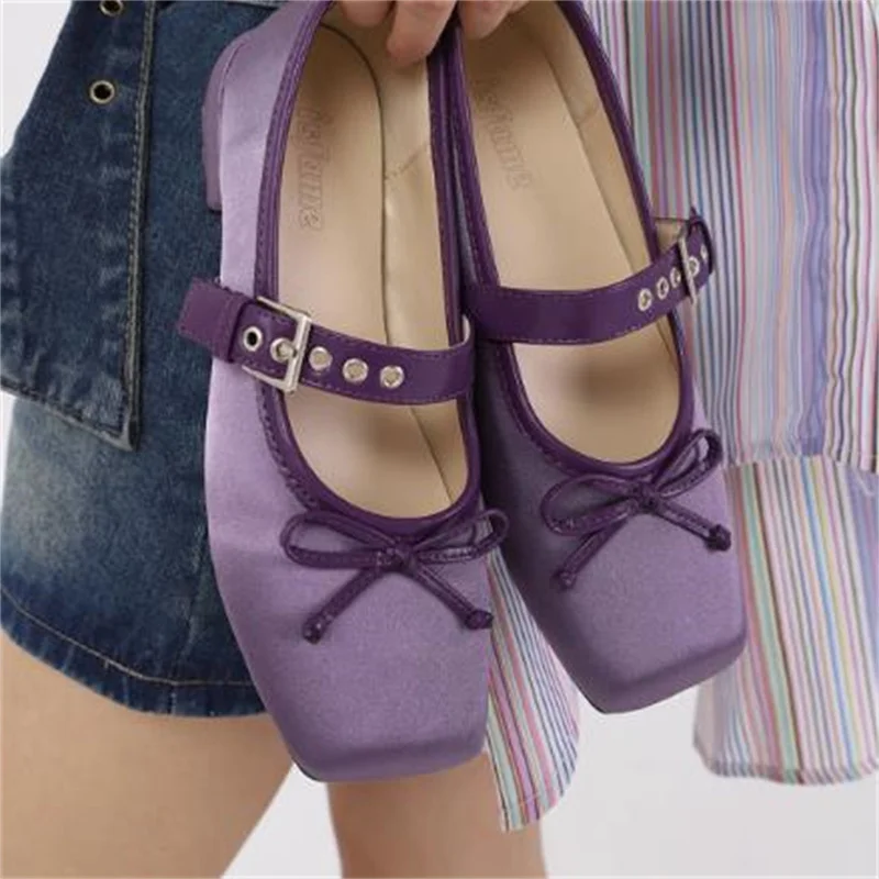 

Belts Buckle Ladies' Shoes Square Toes Low Heels Butterfly-knot Femme Ballet Front Strap Solid Women's Satin Zapatos De Mujer