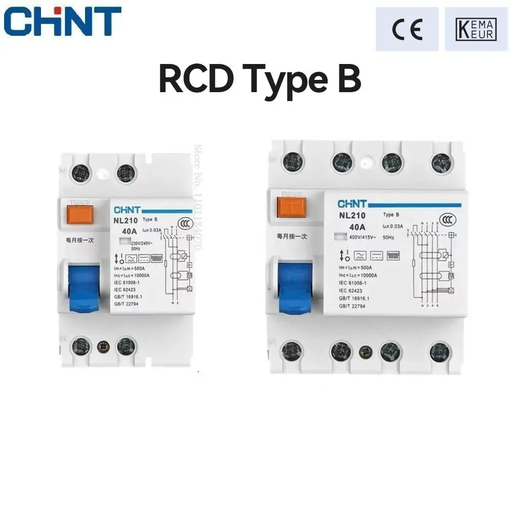 

Электрический выключатель утечки CHINT NL210 Тип B RCCB 3P + N 4P 2P 1P + N 63a 40A 25A 30 мА, защита от остаточного тока для зарядки EV