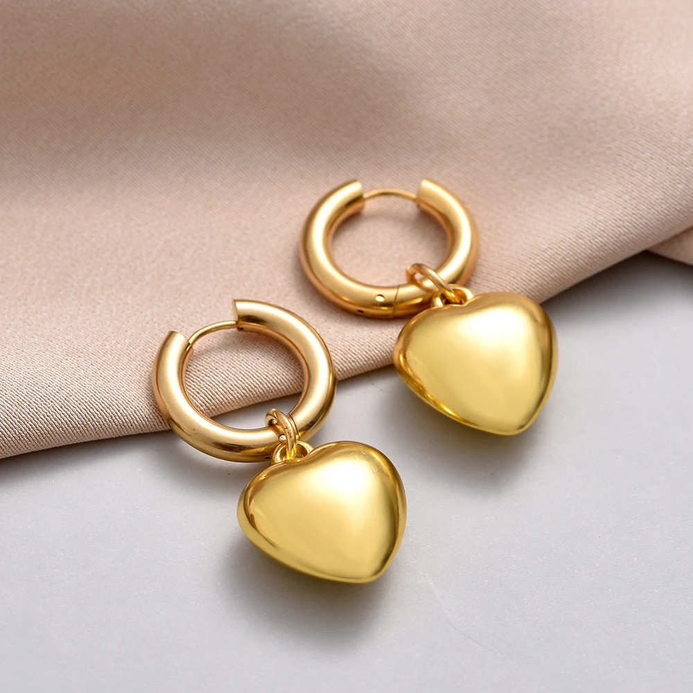 

Korean Fashion Heart Pendant Stainless Steel Hoop Earrings for Women Smooth Gold Silver Color Dangle Earring Party Jewelry Gift