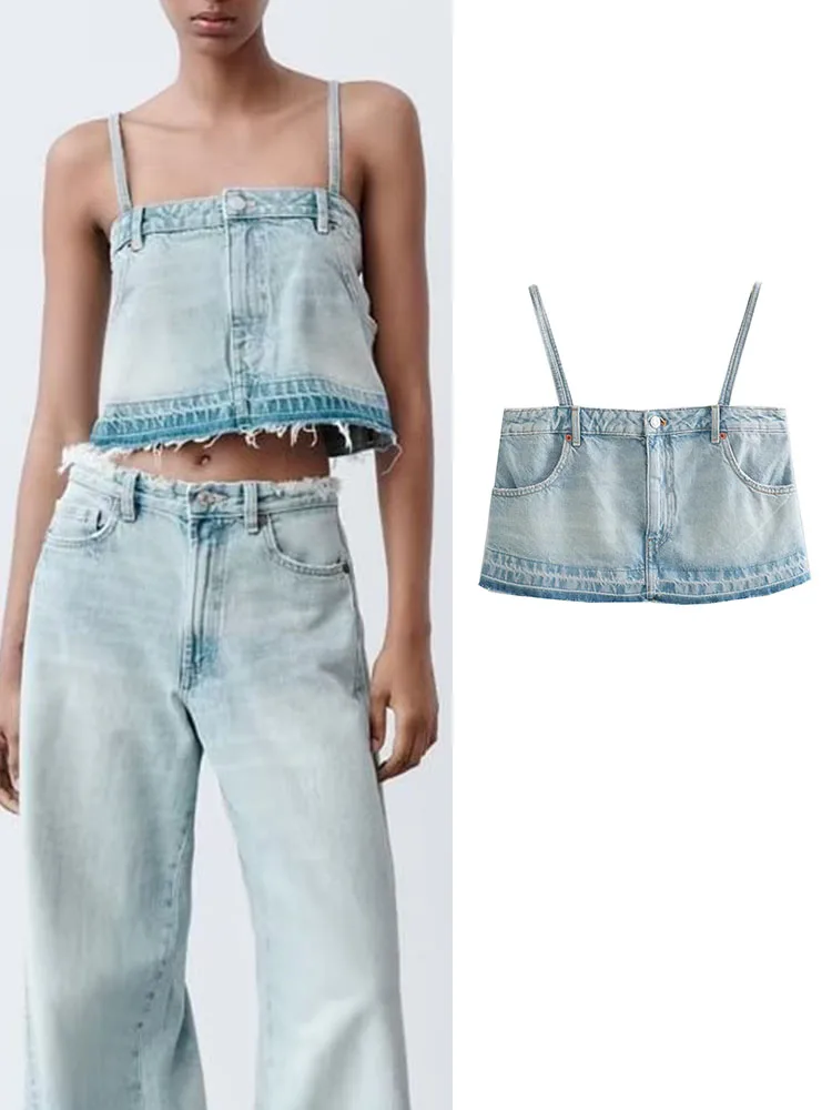 

TRAF Summer Women Denim Camisole Short Tops 2023 New Female Strap Sleeveless Holiday Style Chic Design Casual Shirts