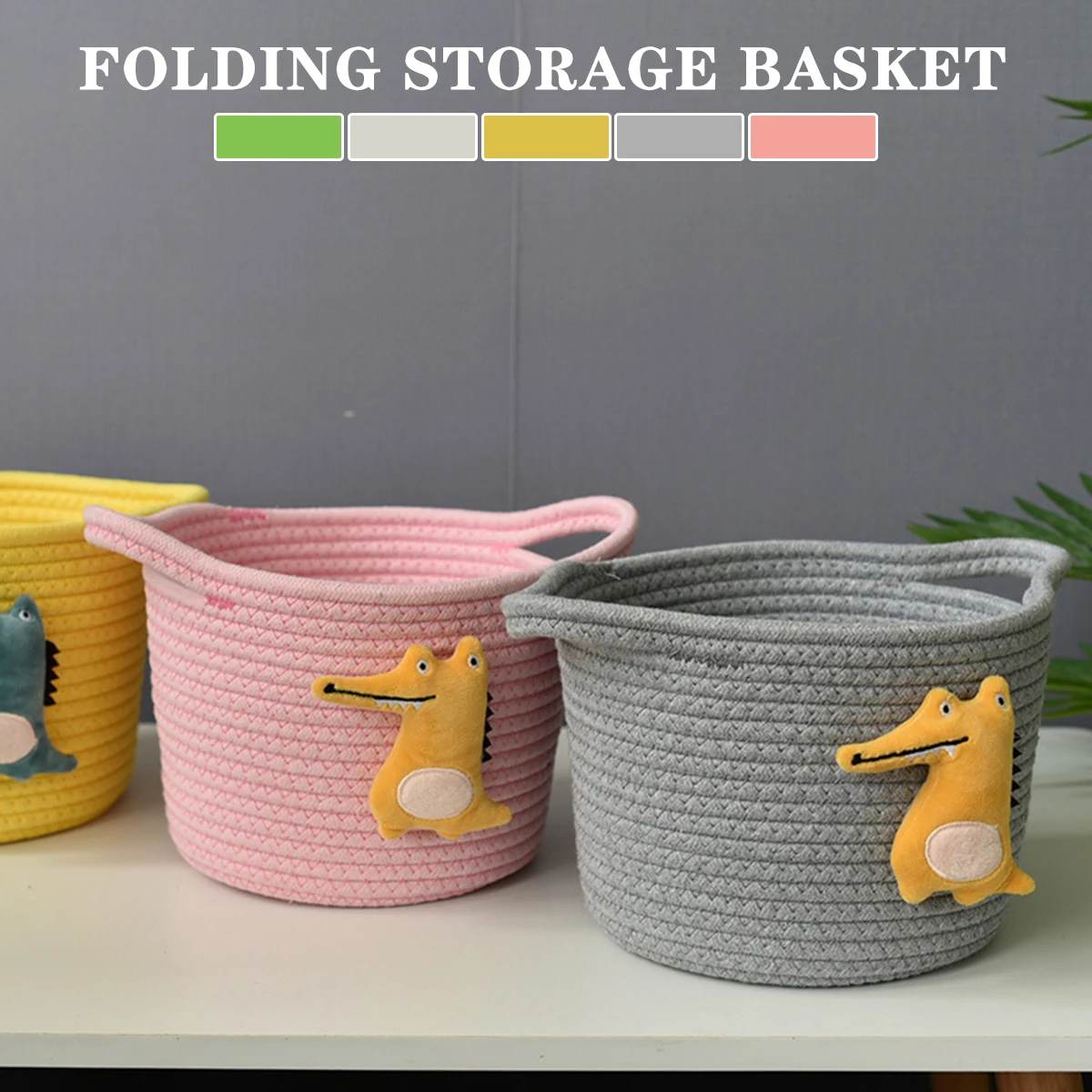 

Storage Box Hand Woven Storage Basket Cartoon Animal Kids Toys Foldable Desktop Organizer with Two Handles Washable