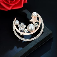 new elegant rhinestone moon pearl brooch for women crystal star crescent lapel pins korean fashion jewelry clothing accessories