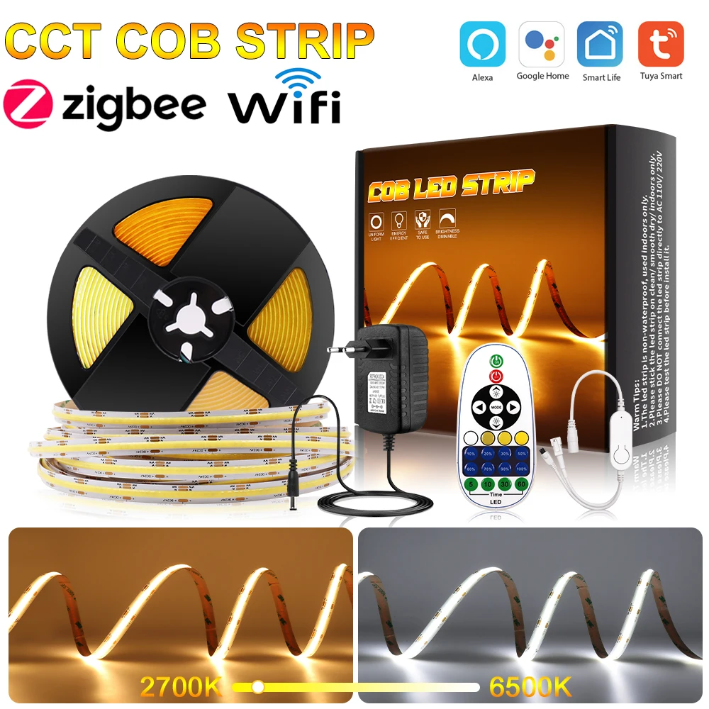 Tuya Alexa CCT Bicolor COB Светодиодная лента с голосовым управлением гибкая регулируемая