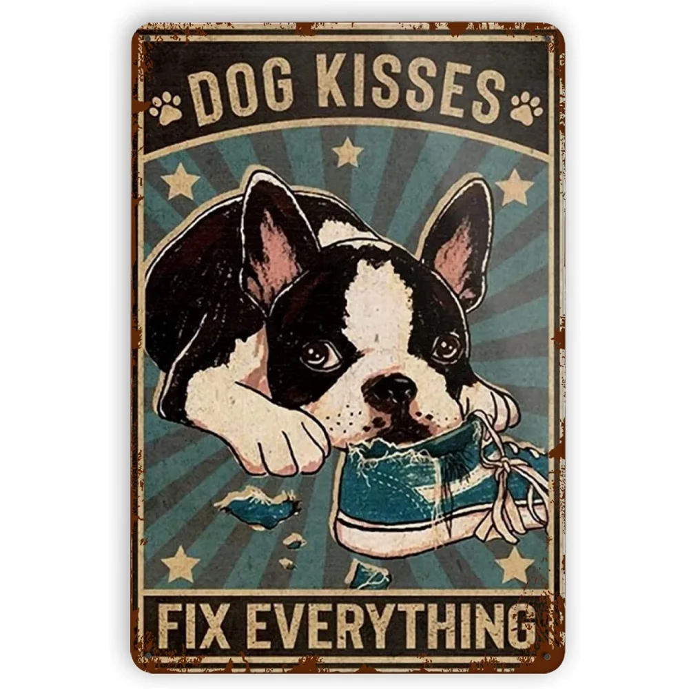 

Metal Tin Label Dog Kiss Fix Everything Interesting Wall Decoration Suitable for Family Bar Cafe Room Retro Art Poster