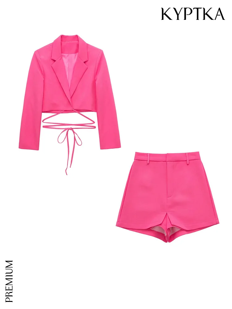 

KYPTKA Women Fashion With Tied Cropped Blazer Coat And Front Pleated High Waist Shorts Skirts Female Two Piece Sets Mujer