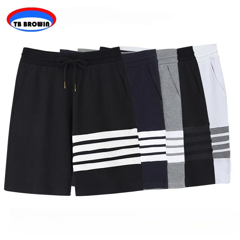 

TB BROWIN Thom Waffle Shorts Summer Men's Fashion Drawstring Front Pants Y2K Casual Four Bar Stripe Sports Jogging Pant for Men