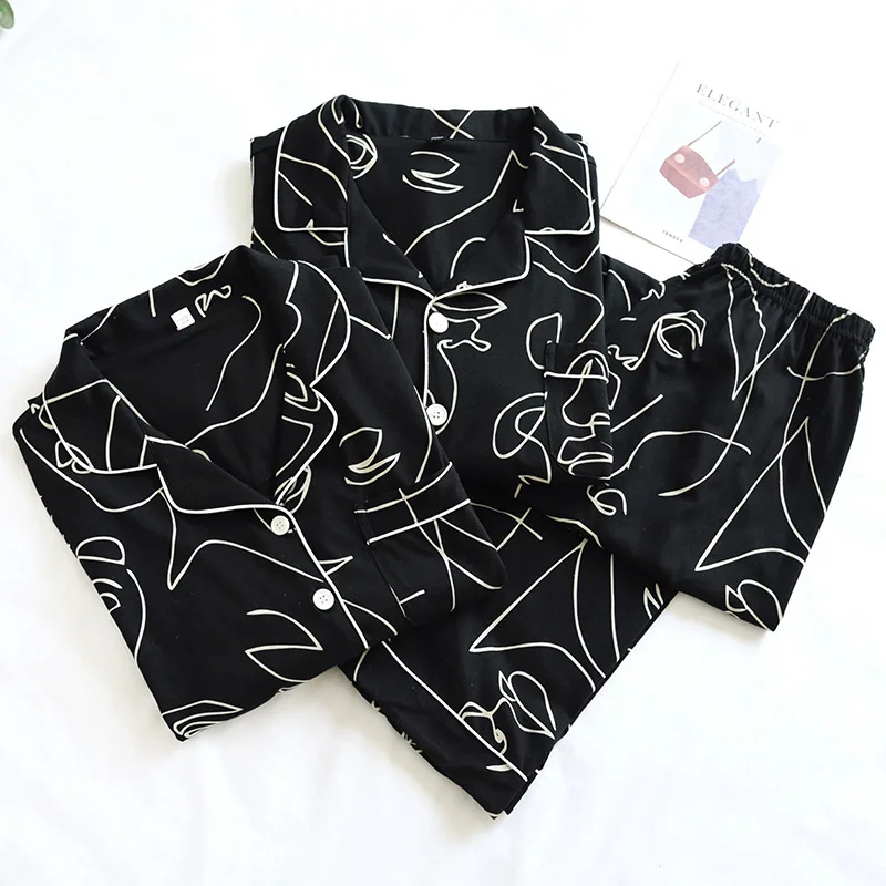 2023 New Spring /autumn Couples 100% Cotton Pajamas Long-sleeved Trousers Two-piece Female Home Male Sleepwear for Women Cotton