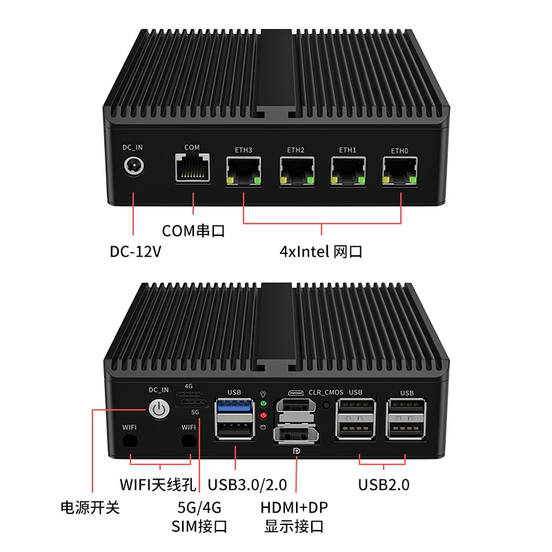 Безвентиляторный маршрутизатор Intel J6413 J6412 N100 DDR4 DP HDMI 4*i226V 2.5G ESXI AES-NI 4G/5G SIM Solt COM Mini PC