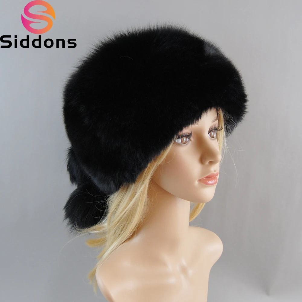 New Style Full Pelt Fluffy Lady 100% Natural Fox Fur Bomber Hats Russian Luxury Women Winter Warm Genuine Fox Fur Beanies Hat