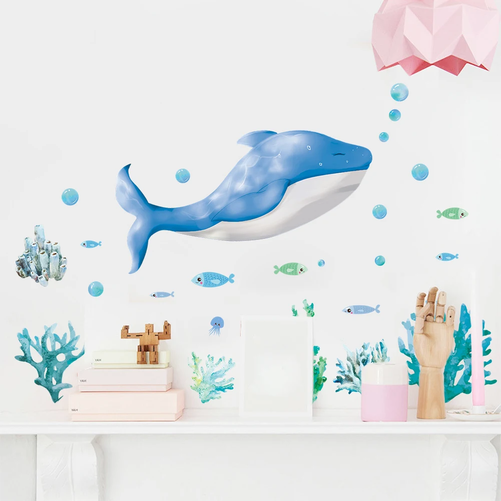 Cartoon creative whale marine life wall stickers dolphin fish bubble DIY decoration home living room children