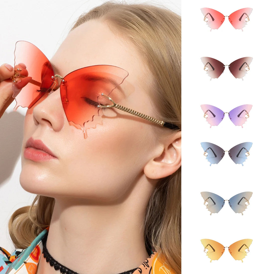

Модные роскошные солнцезащитные очки в форме бабочки женские солнцезащитные очки без оправы UV400 градиентные цветные очки