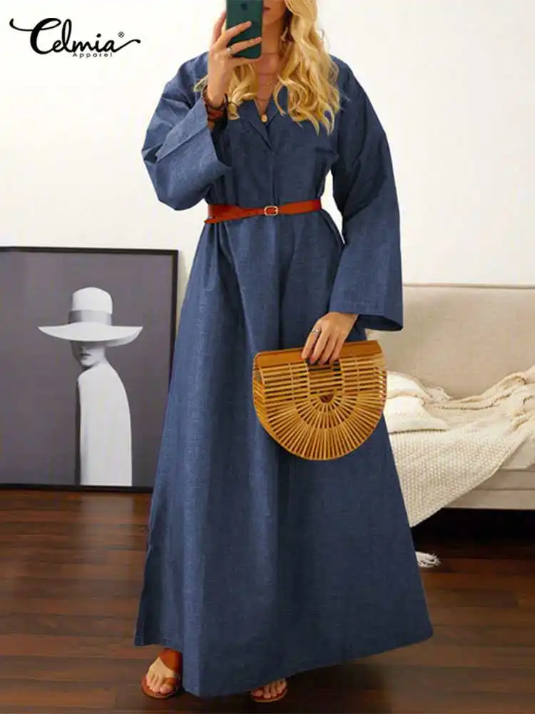 

Celmia 2022 модные Макси-платья, Осеннее винтажное платье-рубашка, женские плиссированные повседневные свободные платья с длинным рукавом для в...