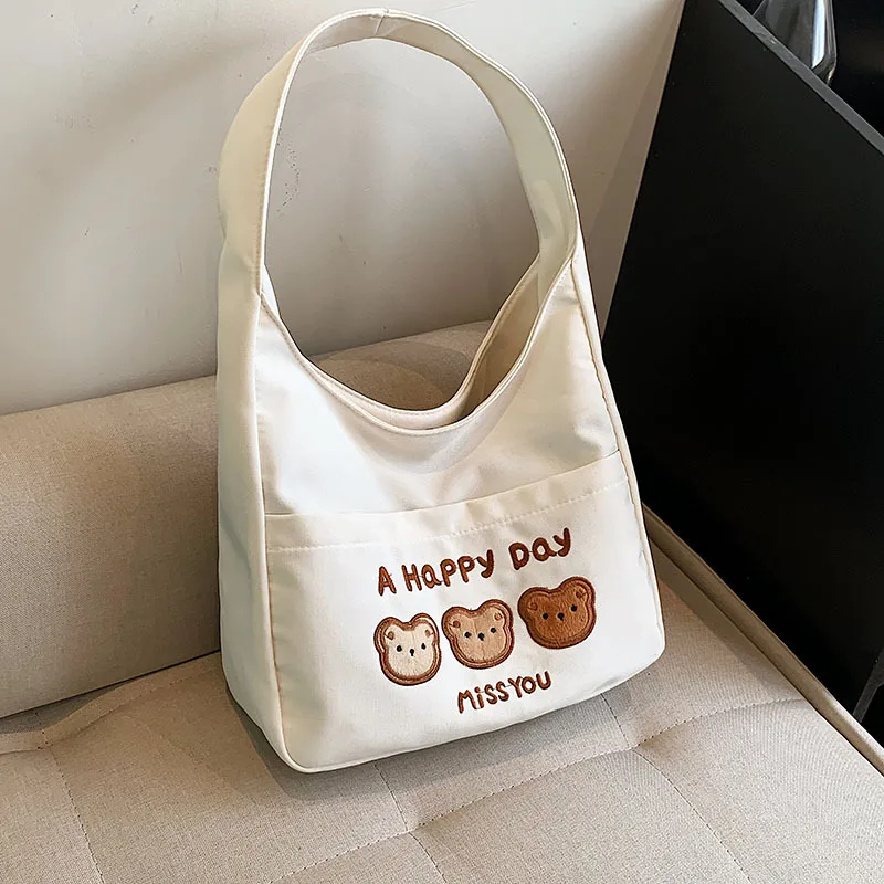 

Canvas Cartoon Tote Bags Women Large Capacity Plush Embroidery Bear Student Book Storage Bags Casual Cute Shopping Bags Female