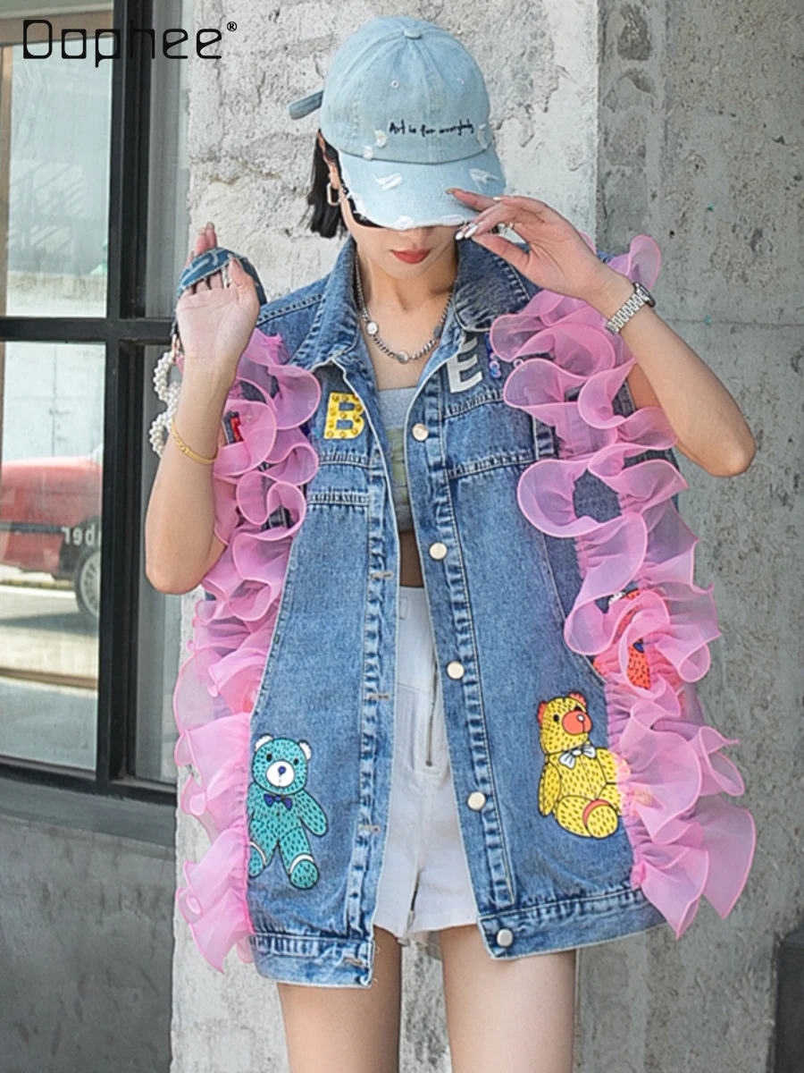 

Street Tide Brand Mesh Stitching Cartoon Letter Beaded Denim Vest Women Autumn New Loose Sleeveless Waistcoat Jacket Top Female