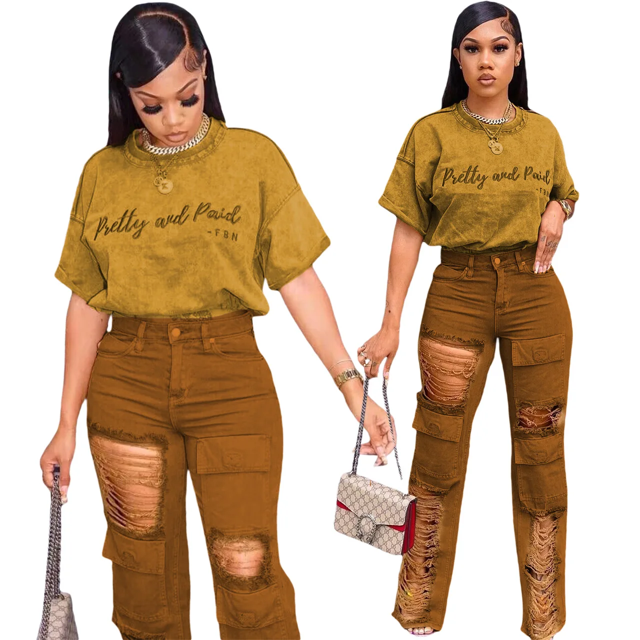 

Two Piece Set Women Letter Embroidery Tshirts and Ripped Denim Jeans 2 Pcs Outfit 2023 Women Summer Clothes Streetwear Suits