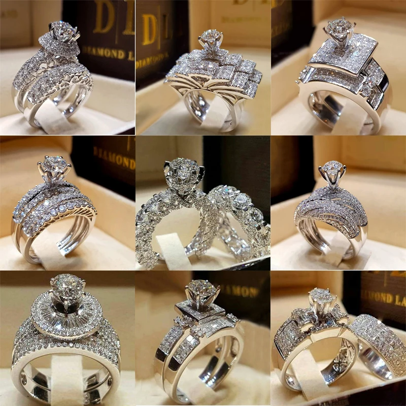 

2 PCS/Set Series ! Trendy Milangirl White Crystal Round Ring Set for Women Wedding Engagement Party Fashion Jewelry Whole Sale