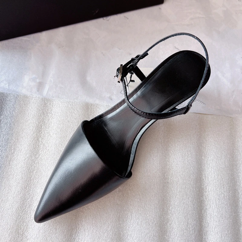 Elmsk Solid Color Party Genuine Leather Ladies Sandals Women 2023 Summer French Retro Pointed Toe Stiletto Sandals