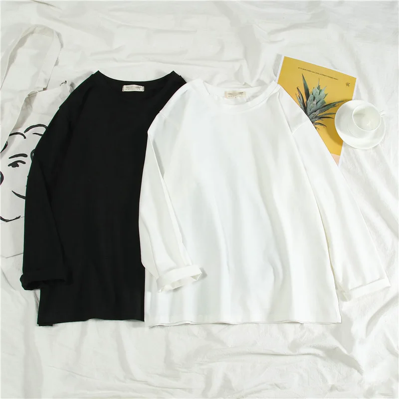 

T-shirts Women Long-sleeved Solid O-Neck Simple All-match Oversize 2XL Breathable Candy Color Leisure Trendy Daily Womens Tshirt