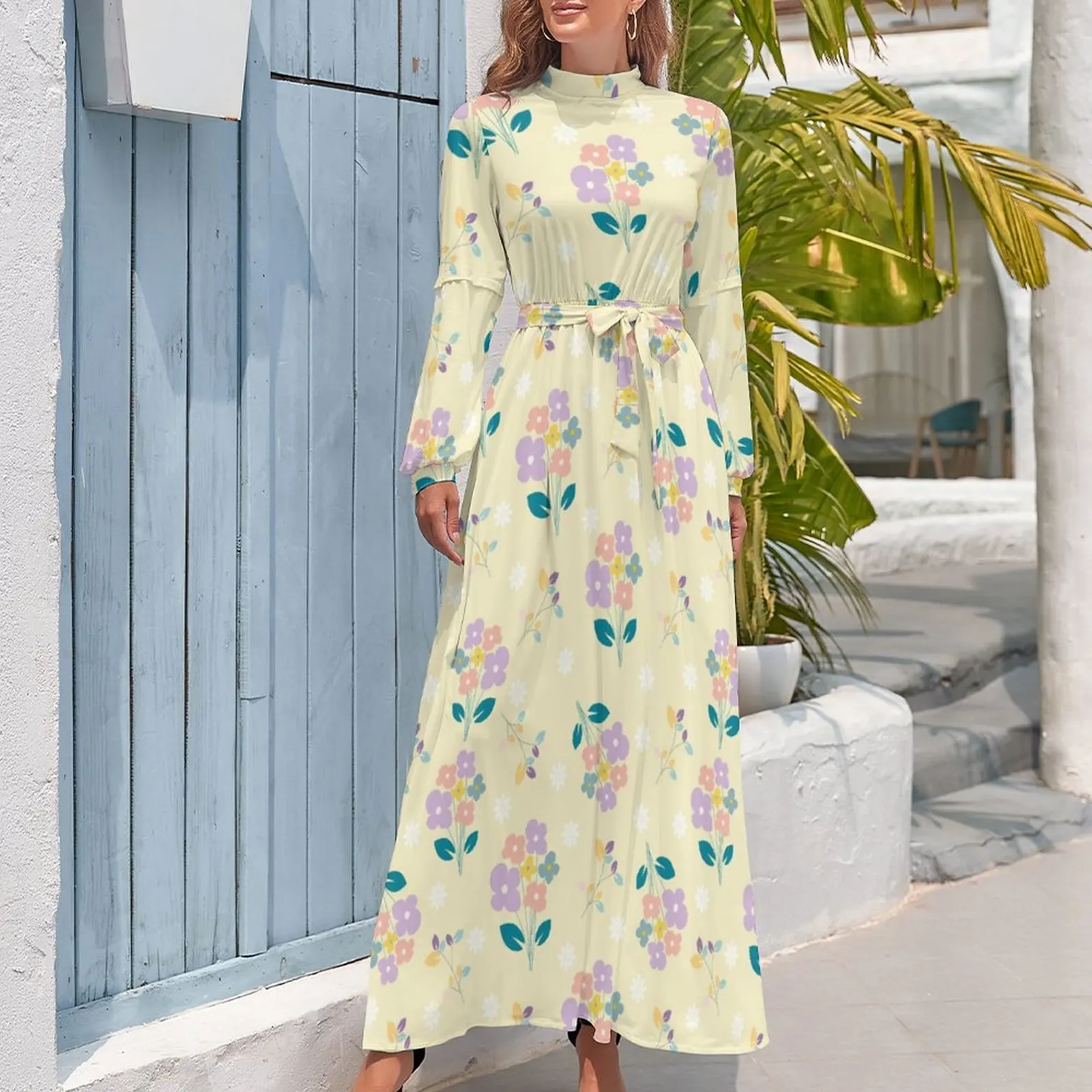 

Women's Long Sleeve Printing Floral Dress 2023 Summer Elegant Sweet Clothing High Waiste A-line Wedding Party Outfits Fashion