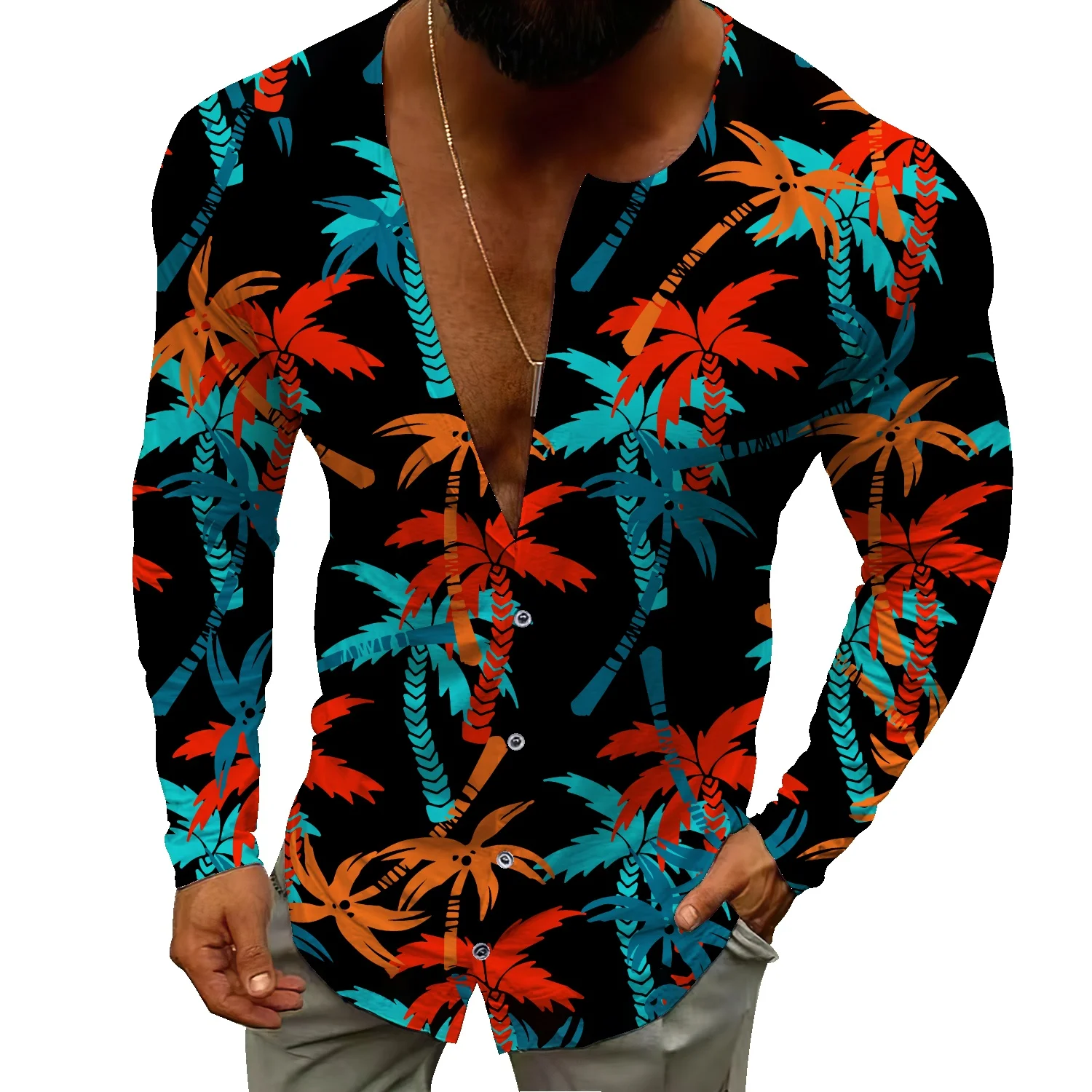 

Beach shirt men's leaf print long-sleeved single-breasted cardigan