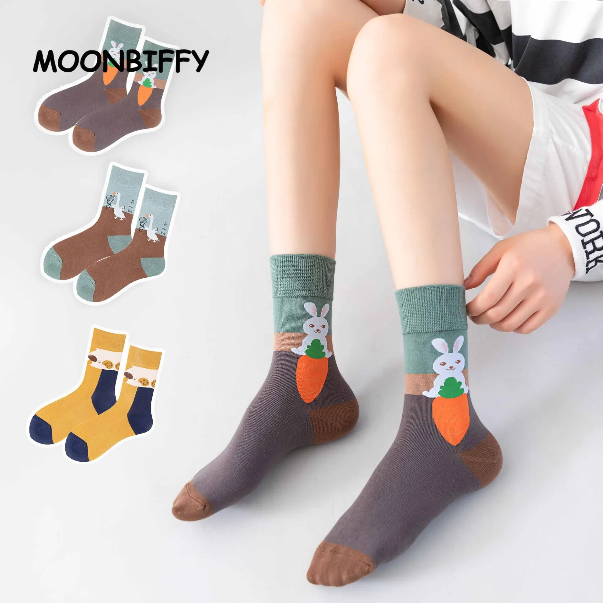 

Милые женские носки с мультяшным рисунком осень-зима унисекс средние Носки для студентов в Корейском стиле Индивидуальные парные мягкие носки с кроликом уткой для девочек