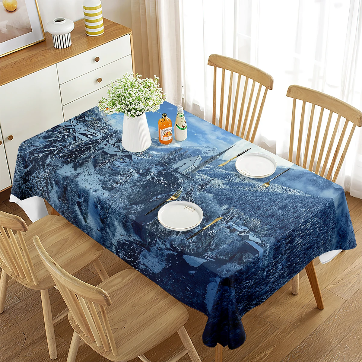 

Valley Tablecloth Snow Mountain Snow Covered Pine Forest Natural Landscape Theme Tablecloth Decoration for Kitchen Dining Room