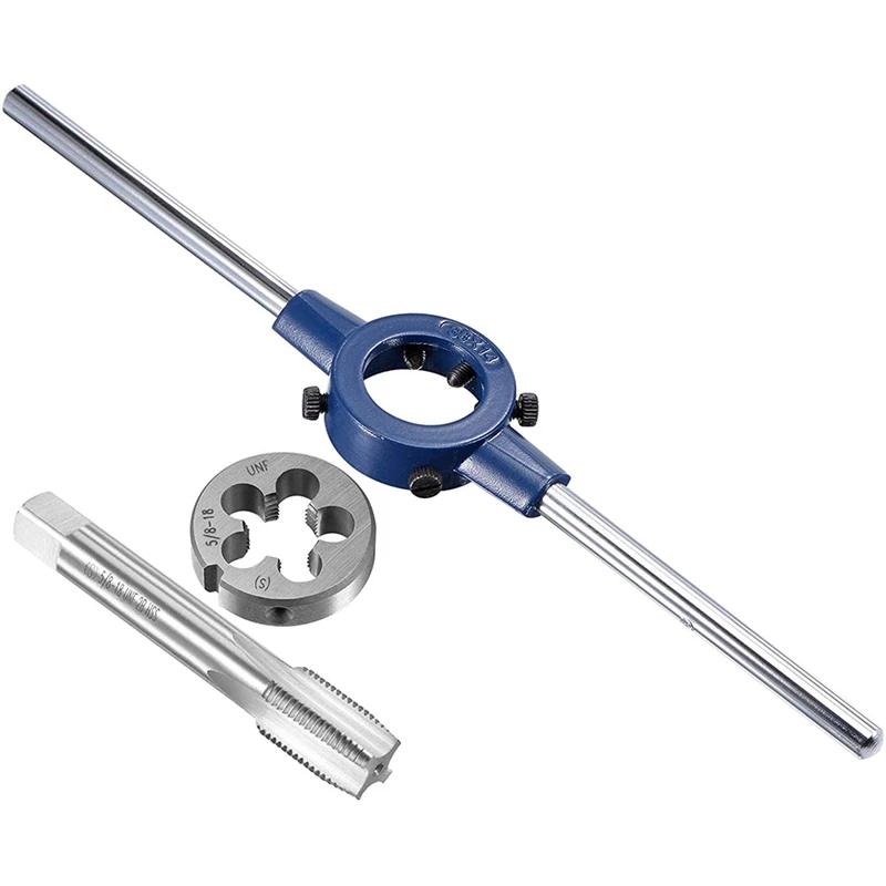 

5/8-18 UNF Tap And Die Set With 38Mm Round Die Stock Handle Wrench, High Speed Steel Machine Thread Tap