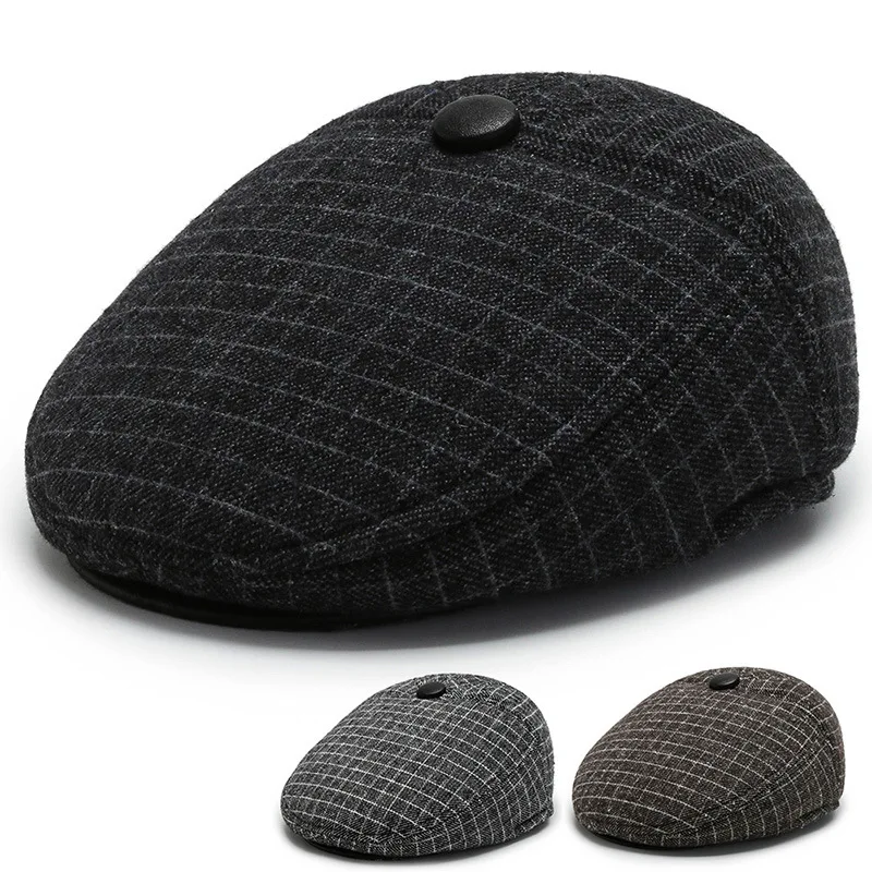 

Middle Aged And Elderly Men'S Plaid Forward Hat Warm Woolen Cotton Hat Outdoor Ear Protection Cap Thickened Hat Winter