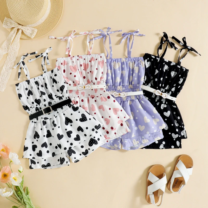 

Spring Summer Dress For Girls Sling Love Heart Printed Square Collar Sleeveless Dresses Casual Bodysuits Children Clothing