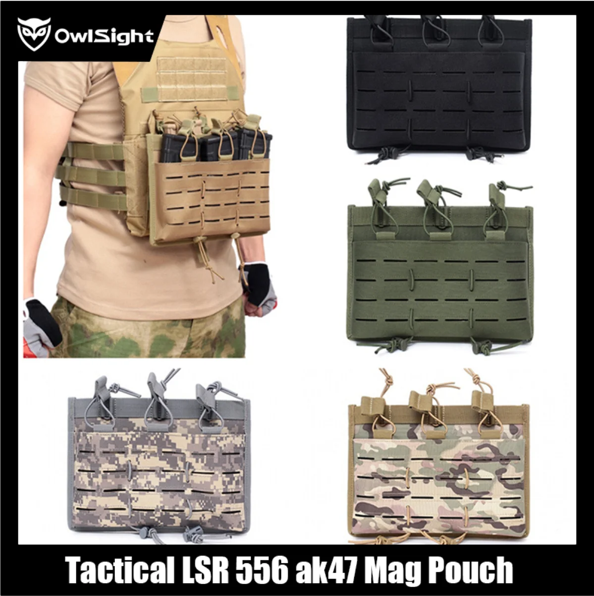 

OwlSight Tactical LSR 556 ak47 Mag Pouch Triple Mag Carrier MOLLE Pouch Laser Cut Military Airsoft