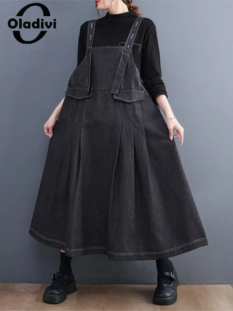 Oladivi Large Size Sleeveless Sundress Women Denim Strap Dress 2022 Spring Autumn New Oversized Casual Loose Jeans Dresses 9602