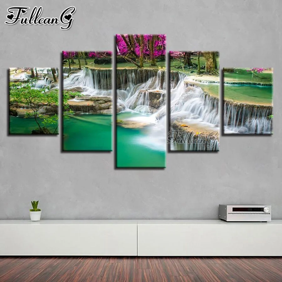 

FULLCANG mosaic scenic waterfall 5 piece diamond painting picture full square round rhinestone embroidery tree home decor FG1085