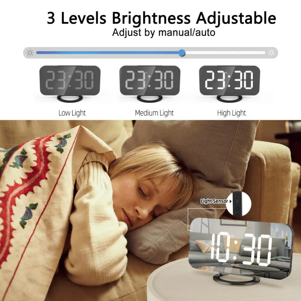 

Auto-adjust Brightness Digital Vibration Alarm Heavy Sleepers Snozze Clock Usb Charging Creative Led Mirror Clock New