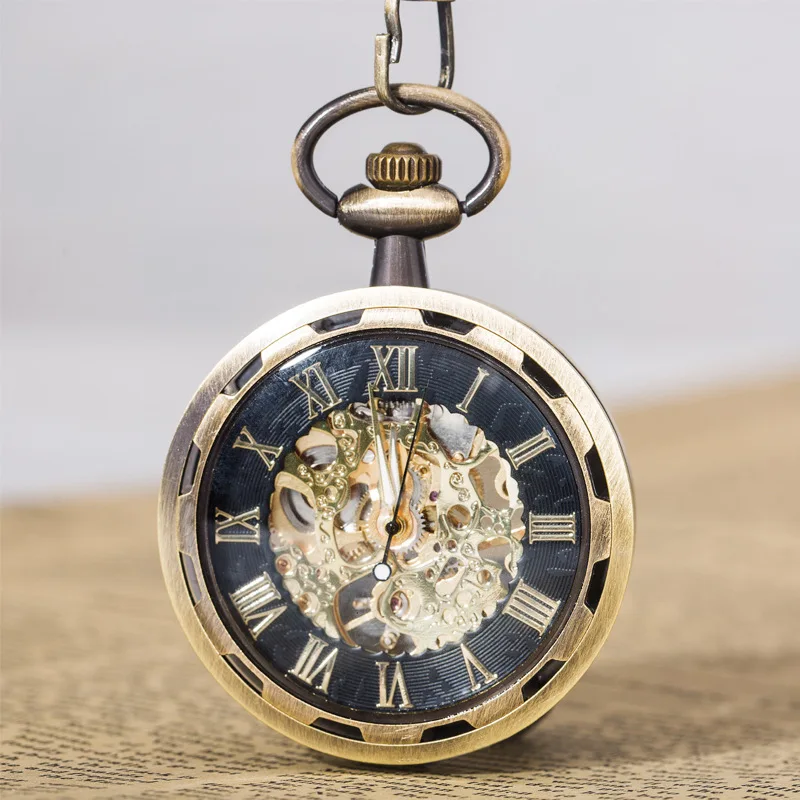 Luxury Bronze Mechanical Pocket Watch for Men Women Transparent Roman Numerals Case Dial Fob Chain Pendant Clock for Collection