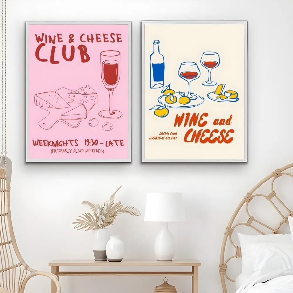 Wine And Cheese Club Art Print Simple Poster Sticky Wall Printing Waterproof Home Living Bed Room Bar Aesthetic Decor