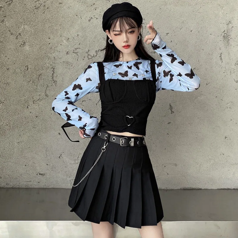 

Sexy 2-piece Butterfly Print Top and Black Camisole Suit Ladies Spring 2023 Fashion Mesh Harajuku Thin Long-sleeved Top