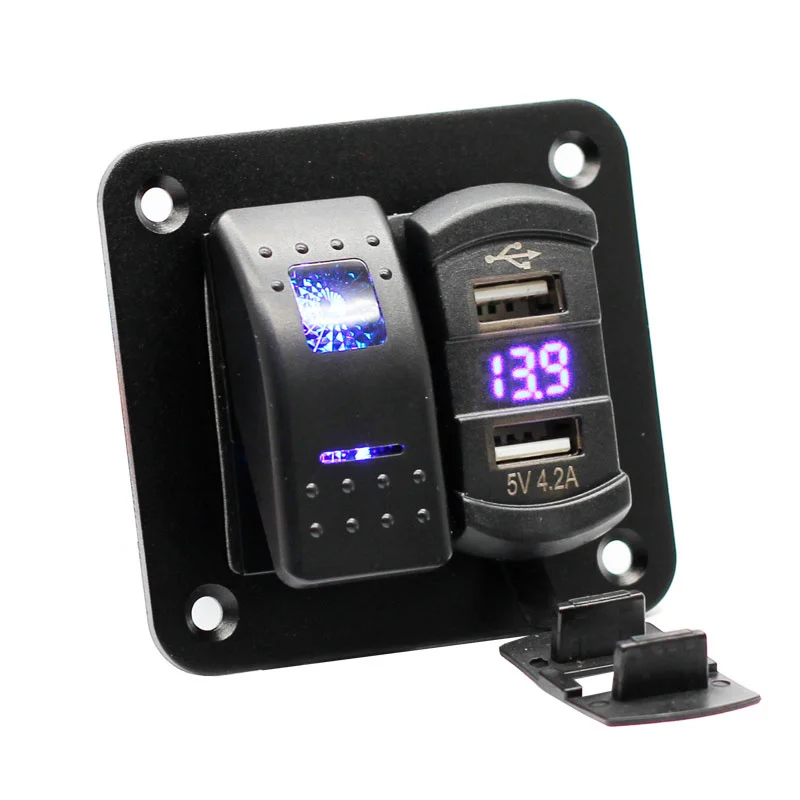 

2 Gang Rocker Switch Panel with 4.2 Amp Dual USB Charger Voltmeter Waterproof 12V 24V DC Rocker Switch with Night Glow Stickers