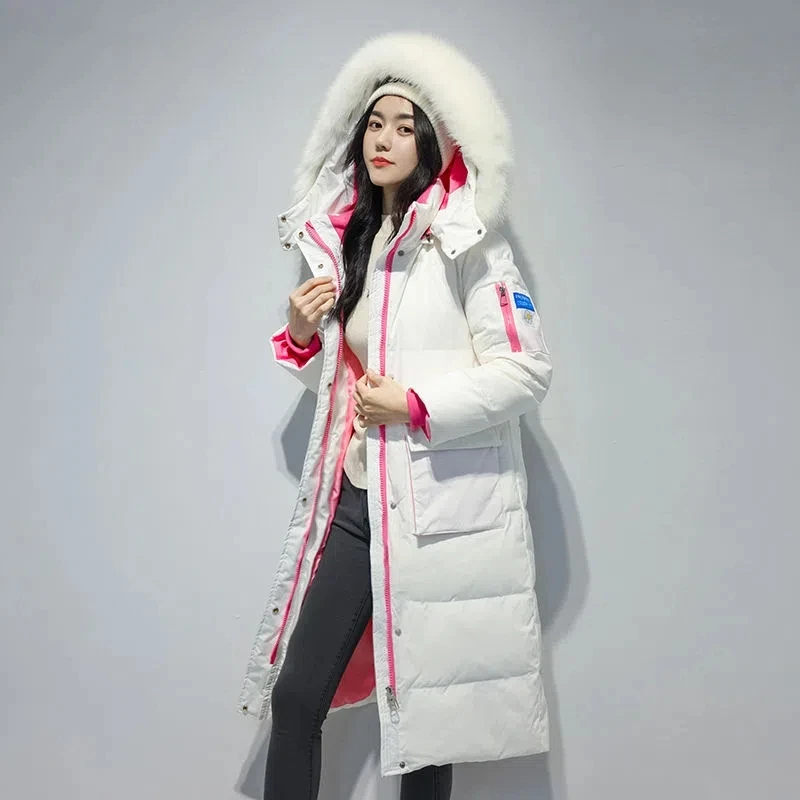 Women White Thicker Down Coat With Hooded Fur Loose Parkas Bright Long Coats and Jackets With Hooded No Wishing