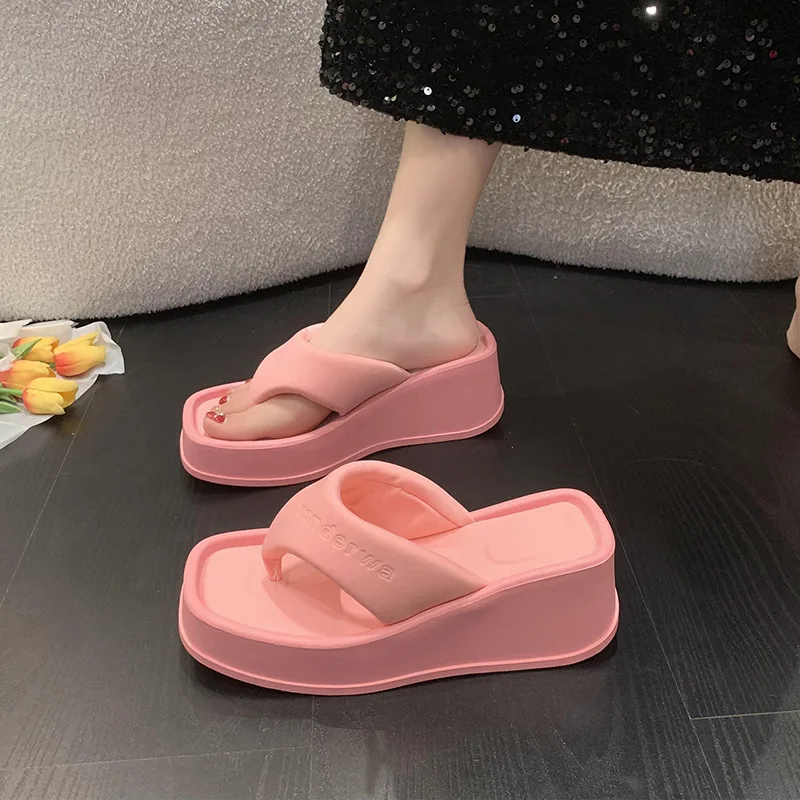 2023 Summer Thick Sole Wedges Flip-Flops Women Chunky Platform Beach Slippers Woman Plus Size 43 Clip Toe Wedge Heeled Sandals