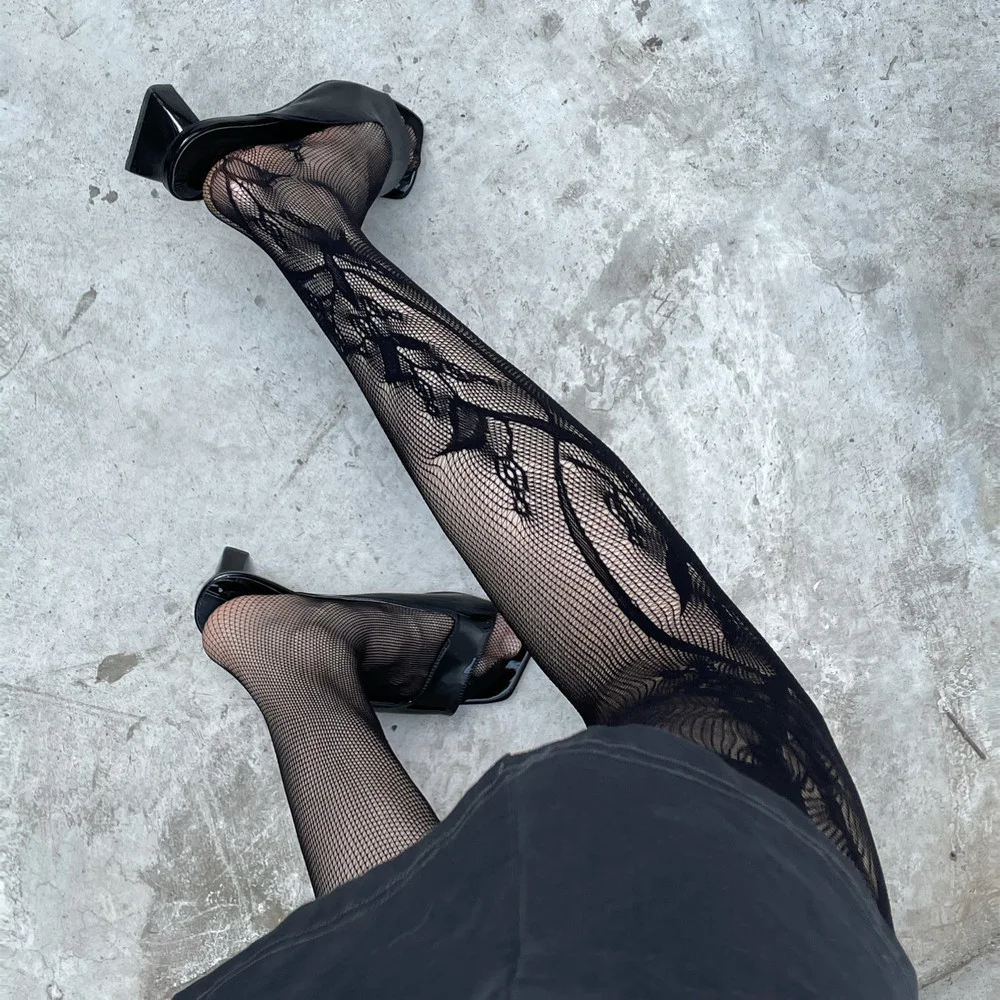 

Sexy Lace Mesh Fishnet Pantyhose Side Floral Print Hollow Out Women Tights Body Stockings Japan Style White Black Lolita Tights