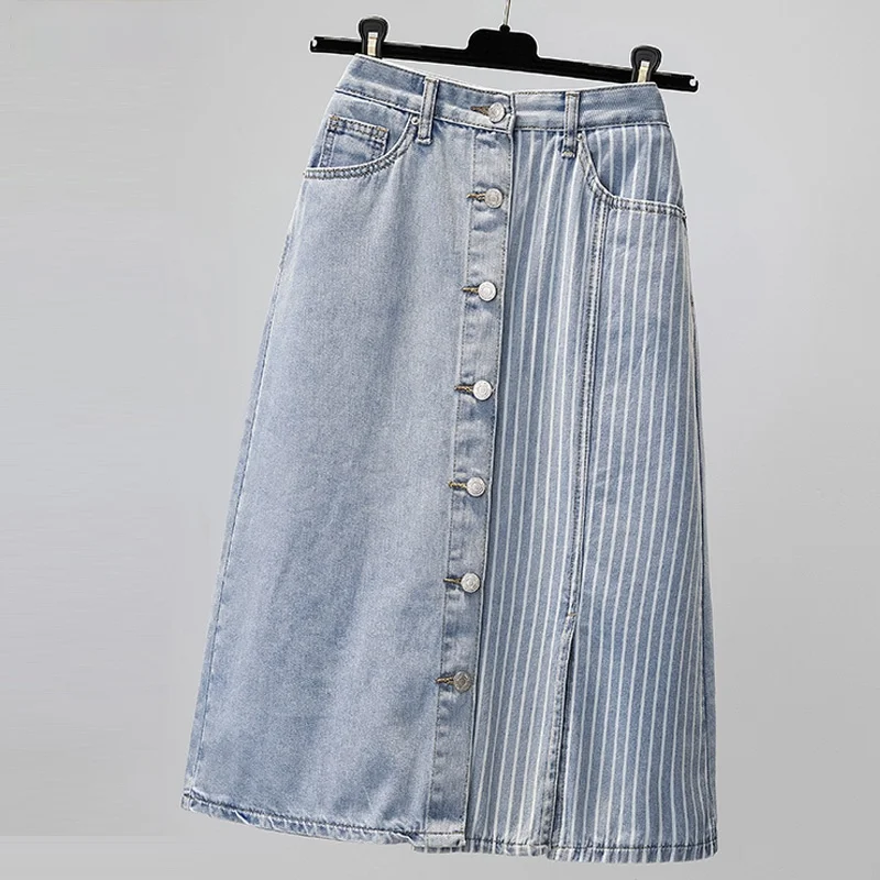 

Casual Stripe Splicing Denim Skirts Women Fashion Split Mid Calf Length Skirts Vintage Plus Size High Waist Jeans Skirts Faldas