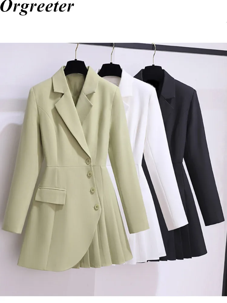 

Женское платье-блейзер с отложным воротником, однобортное Плиссированное мини-платье с длинным рукавом, осень 2022