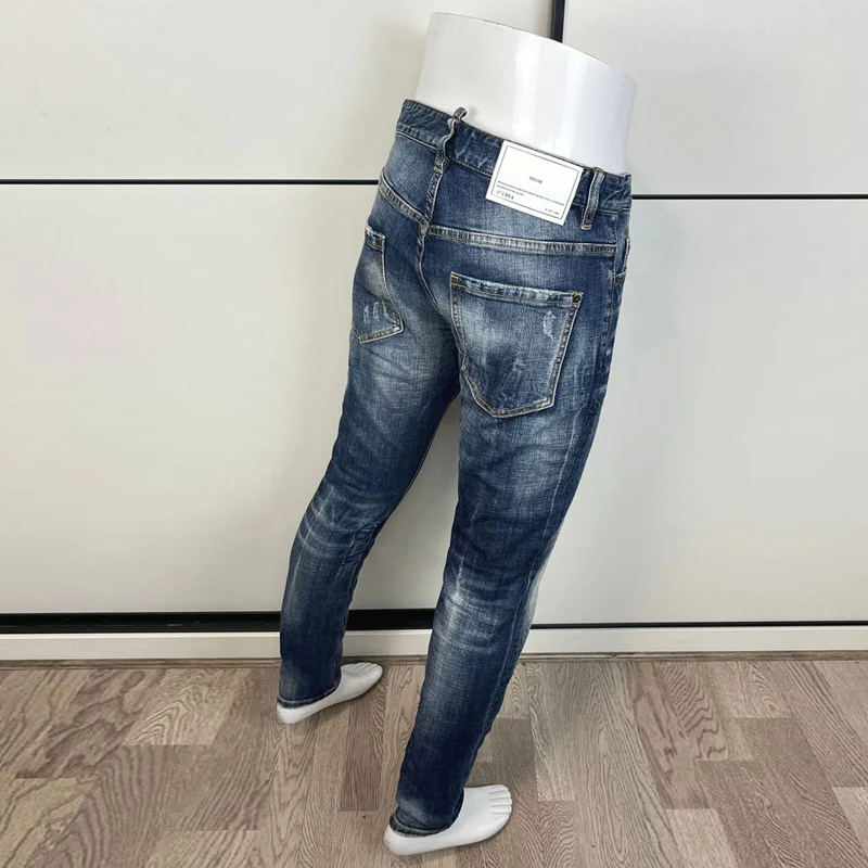 Italian Style Fashion Men Jeans High Quality Retro Blue Elastic Slim Fit Ripped Jeans Men Vintage Designer Brand Pants Hombre