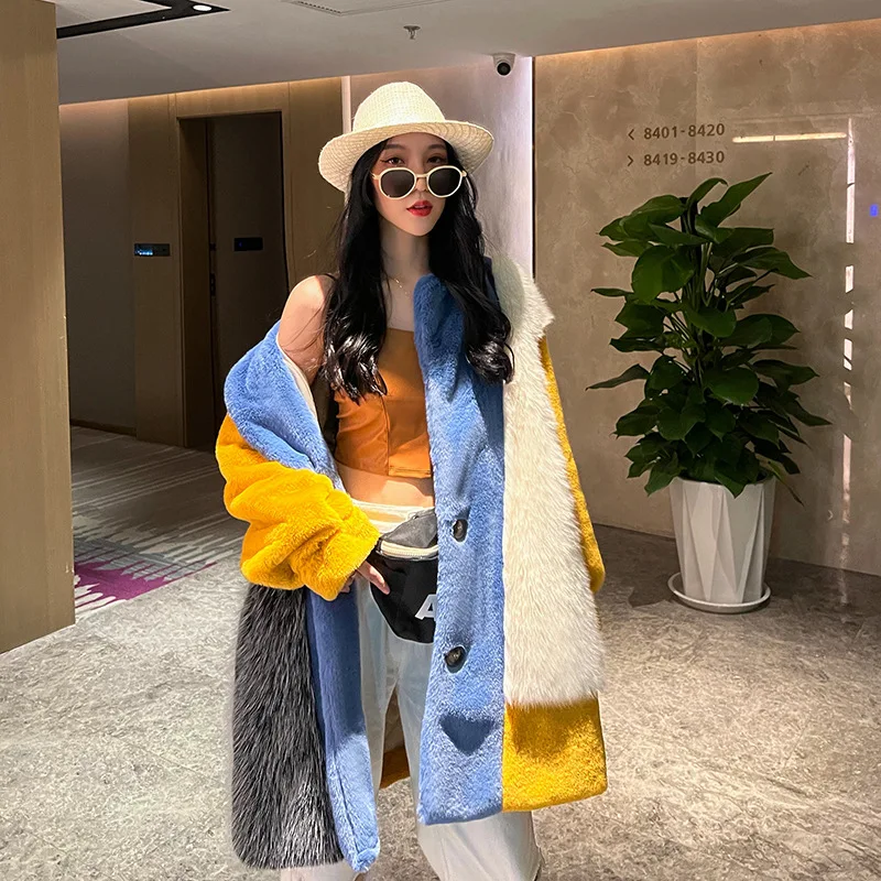 Trend Faux Fur Winter Jacket Women 2022 Fashion Patchwork Casual Loose Thick Warm Cotton Lining Long Coat Female Outwear Clothes